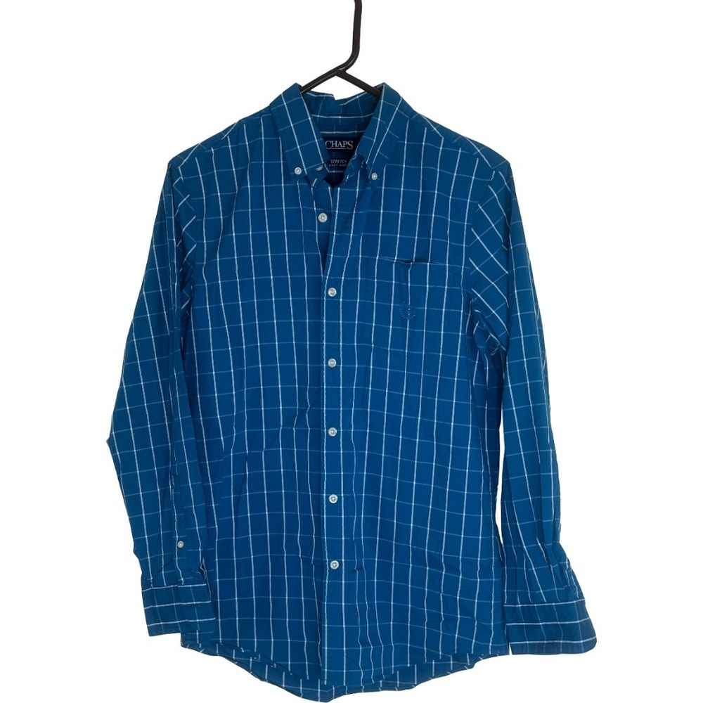 Chaps Button Down Shirt Mens Small Blue White Plaid Stretch Easy Care LongSleeve